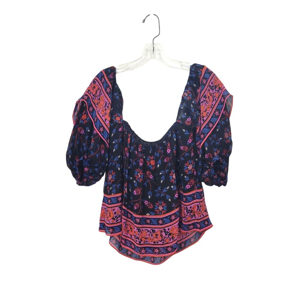 Joie Black Floral Cropped Silk Boho Peasant Blouse Top With Puff Sleeves Size M - Picture 4 of 7